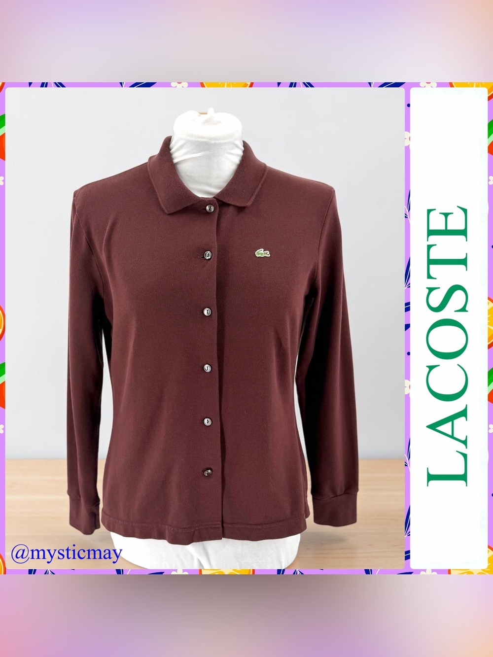 Women LACOSTE BROWN BUTTON FRONT POLO Shirt Long Sleeve Top Size 40 Medium